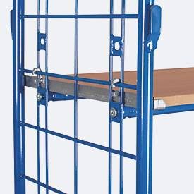 Etagenwagen, Stahl/MDF-Platte, Enzianblau/Buche-Dekor, 1 Etage, 1000 x 700 mm, 2 Stirnwände aus Drahtgitter, EasySTOP, bis 500 kg