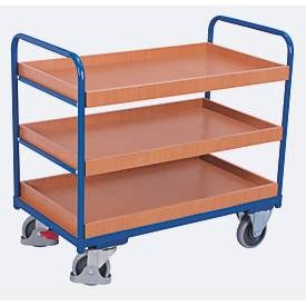 Etagenwagen, Stahl/MDF-Platte, Enzianblau/Buche-Dekor, 3 Etagen, 965 x 655 mm, EasySTOP, bis 250 kg