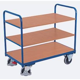 Etagenwagen, Stahl/MDF-Platte, Enzianblau/Buche-Dekor, 3 Etagen, 1000 x 600 mm, EasySTOP, bis 250 kg