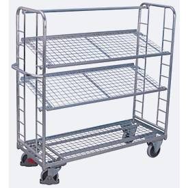 Etagenwagen, Stahl/Drahtgitter, silber, 3 Etagen, 1650 x 650 mm, 2 Stirnwände mit Rundstahlverstrebung, EasySTOP, bis 400 kg