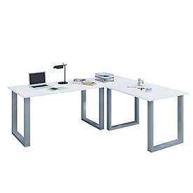 Eckschreibtisch, Winkel 90°, Bügelfuss, B 1600 x T 800/1600 x H 760 mm, weiss/silber
