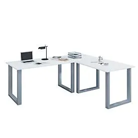 Eckschreibtisch, Winkel 90°, Bügelfuss, B 1600 x T 800/1600 x H 760 mm, weiss/silber