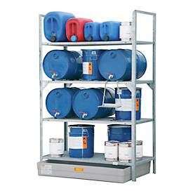 Erweiterungseinheit für CEMO Fassregal Typ 540 mit Stahl-Auffangwanne SW2, Stahl verzinkt, für 6x 60 l Fass, B 1320 x T 800 x H 2000 mm
