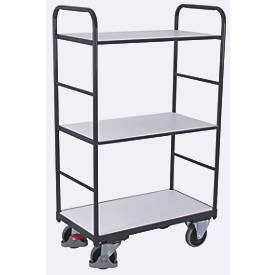 ESD-Etagenwagen, Stahl/Spanplatte, Graphitgrau/ Lichtgrau, 3 Etagen, 1200 x 800 mm, EasySTOP, bis 250 kg