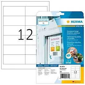 Folienetiketten HERMA 4574, selbstklebend, wiederablösbar, wetterfest, bedruckbar, B 97 x H 42,3 mm, weiss, 240 Stück/20 Blatt