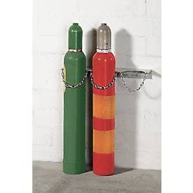 Gasflaschen-Wandhalterung, Stahl, B 575 x T 130 x H 60 mm, 3 Flaschen Ø 140 mm, mit Kettensicherung