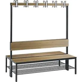 Garderobenbank Basic Plus, 2-seitig, Rückenlehne, mit Schuhrost, Fussgestell schwarzgrau RAL 7021, B 1500 mm, Dekor Eiche Ser.