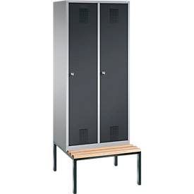 Garderobenspind Evolo S 3000, Stahl, m. untergeb. Sitzbank, 2 Abteile m. jew. B 400 mm, Zylinderschloss, weissaluminium RAL 9006/anthrazit RAL 7016