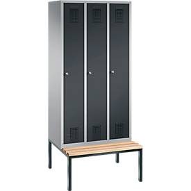 Garderobenspind Evolo S 3000, Stahl, m. untergeb. Sitzbank, 3 Abteile m. jew. B 300 mm, Zylinderschloss, weissaluminium RAL 9006/anthrazit RAL 7016