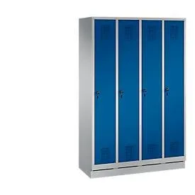 Garderobenspind Evolo S 3000, Stahl, m. Sockel, 4 Abteile m. jew. B 300 mm, Sicherheitsdrehriegelverschluss, weissaluminium RAL 9006/enzianblau RAL 5010