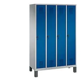 Garderobenspind Evolo S 3000, Stahl, mit Füssen, 4 Abteile mit jeweils B 300 mm, Drehriegel, weissaluminium RAL 9006/enzianblau RAL 5010
