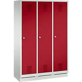 Garderobenspind Evolo S 3000, Stahl, mit Sockel, 3 Abteile mit jeweils B 400 mm, Zylinderschloss, lichtgrau RAL 7035/rubinrot RAL 3003