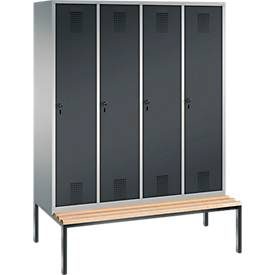 Garderobenspind Evolo S 3000, Stahl, Sitzbank, 4 Abteile mit jew. B 400 mm, Drehriegel, weissaluminium RAL 9006/anthrazit RAL 7016