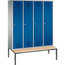 Garderobenspind Evolo S 3000, Stahl, Sitzbank, 4 Abteile mit jew. B 400 mm, Zylinderschloss, weissaluminium RAL 9006/enzianblau RAL 5010