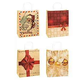 Geschenktüten Weihnachten TSI Serie 4, 4 verschiedene Motive, gross, B 260 x T 135 x H 320 mm, 100 % recycelbar, Kraftpapier, beige-rot, 12 Stück