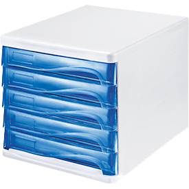 helit Schubladenbox, Kunststoff H245xB265xT340 mm, 5 Schubladen weiss/blautransparent