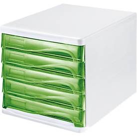 helit Schubladenbox, 5 Schübe, DIN A4, Polypropylen, Gehäuse weiss/Schublade grün transparent