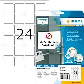 Herma Etiketten Nr. 10108, 40 x 40 mm, quadratisch, ablösbar, selbstklebend, sichere Haftung, Papier, weiss, 600 Stück