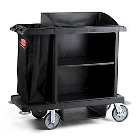 Hotelwagen Rubbermaid®, mittelgross, Schrank mit verstellbarem Zwischenboden, Staubsaugerhalterung, Beutelhalter & Haken, Laufrollen mit Festesteller