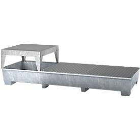 IBC-Station ASECOS, Stahl, mit Gitterrost, Abfüllblock u. Staplerschuhen, 1000 l Auffangvolumen, B 3280 x T 1300 x H 820 mm, verzinkt