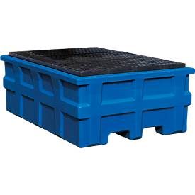 IBC-Station, Volumen 1000 l, bis 2000 kg, unterfahrbar, mit PE-Gitterrost, Polyethylen, blau, B 1980 x T 1370 x H 720 mm