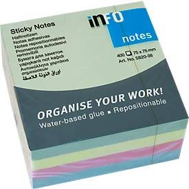 INFO Haftnotizen Brillant, 75 mm x 75 mm, 1 x 400 Blatt, pastellgrün, gelb, blau, rosa