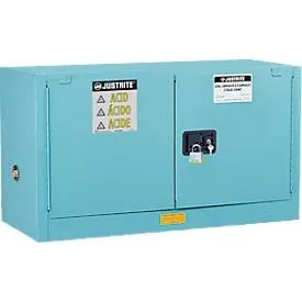 Justrite FM-Chemikalienschrank Piggyback Sure-Grip® EX, für Ätzmittel, bis 45 Liter, manuell schliessende Türen, blau