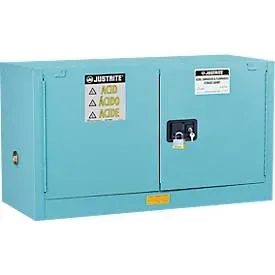 Justrite FM-Chemikalienschrank Piggyback Sure-Grip® EX, für Ätzmittel, bis 45 Liter, selbstschliessende Türen, blau