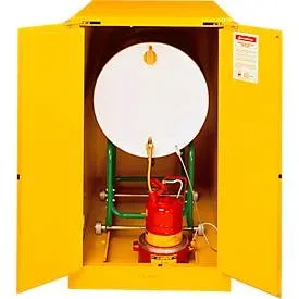 Justrite horizontaler FM-Sicherheitsschrank Drum Sure-Grip® EX, bis 200 Liter, selbstschliessende Türen, gelb