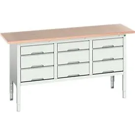 Kastenwerkbank Boot verso, mit Multiplex-Platte, 9 Schubladen, B 1750 x T 600 x H 830 - 930 mm, RAL 7035 Lichtgrau
