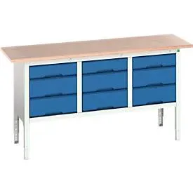 Kastenwerkbank Boot verso, mit Multiplex-Platte, 9 Schubladen, B 1750 x T 600 x H 830 - 930 mm, RAL 7035 Lichtgrau / RAL 5010 Enzianblau