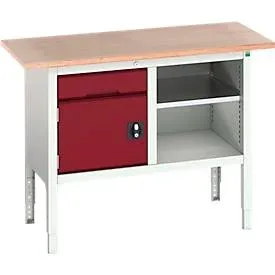 Kastenwerkbank Bott verso, mit Multiplex-Platte, 1 Schublade & 1 Ablageboden & 1 Tür, B 1250 x T 600 x H 830 - 930 mm, Lichtgrau / Purpurrot