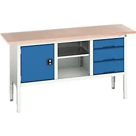 Kastenwerkbank Bott verso, mit Multiplex-Platte, 3 Schubladen & 1 Ablageboden & 1 Tür, B 1750 x T 600 x H 830 - 930 mm, RAL 7035 Lichtgrau / RAL 5010 Enzianblau