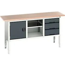 Kastenwerkbank Bott verso, mit Multiplex-Platte, 3 Schubladen & 1 Ablageboden & 1 Tür, B 1750 x T 600 x H 830 - 930 mm, RAL 7035 Lichtgrau / RAL 7016 Anthrazitgrau