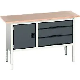Kastenwerkbank Bott verso, mit Multiplex-Platte, 3 Schubladen & 1 Tür, B 1500 x T 600 x H 830 - 930 mm, Lichtgrau RAL 7035 / Anthrazitgrau RAL 7016