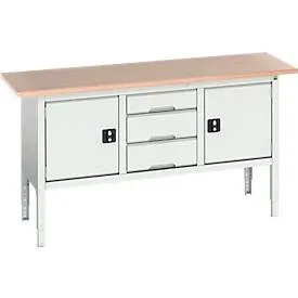 Kastenwerkbank Bott verso, mit Multiplex-Platte, 3 Schubladen & 2 Türen, B 1750 x T 600 x H 830 - 930 mm, RAL 7035 Lichtgrau