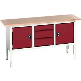 Kastenwerkbank Bott verso, mit Multiplex-Platte, 3 Schubladen & 2 Türen, B 1750 x T 600 x H 830 - 930 mm, RAL 7035 Lichtgrau / RAL 3004 Purpurrot