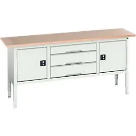 Kastenwerkbank Bott verso, mit Multiplex-Platte, 3 Schubladen & 2 Türen, B 2000 x T 600 x H 830 - 930 mm, Lichtgrau RAL 7035
