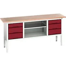 Kastenwerkbank Bott verso, mit Multiplex-Platte, 6 Schubladen & 1 Ablageboden, B 2000 x T 600 x H 830 - 930 mm, RAL 7035 Lichtgrau / RAL 3004 Purpurrot