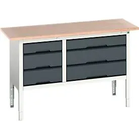 Kastenwerkbank Bott verso, mit Multiplex-Platte, 6 Schubladen, B 1500 x T 600 x H 830 - 930 mm, Lichtgrau RAL 7035 / Anthrazitgrau RAL 7016