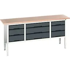 Kastenwerkbank Bott verso, mit Multiplex-Platte, 9 Schubladen, B 2000 x T 600 x H 830 - 930 mm, Lichtgrau RAL 7035 /6 Anthrazitgrau RAL 701