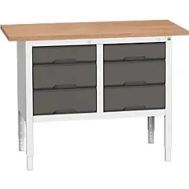Kastenwerkbank Bott verso, Multiplex-Platte, 6 Schubladen, B 1250 x T 600 x H 830 - 930 mm, RAL 7035 Lichtgrau / Anthrazitgrau