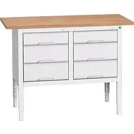 Kastenwerkbank Bott verso, Multiplex-Platte, 6 Schubladen, B 1250 x T 600 x H 830 - 930 mm, RAL 7035 Lichtgrau