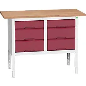 Kastenwerkbank Bott verso, Multiplex-Platte, 6 Schubladen, B 1250 x T 600 x H 830 - 930 mm, RAL 7035 Lichtgrau / Purpurrot