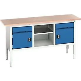 Kastenwerkbank Bott verso, Multiplex-Platte, 2 Schubladen, 1 Ablageboden, 2 Türen, B 1750 x T 600 x H 830 - 930 mm, Lichtgrau / Enzianblau