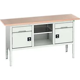 Kastenwerkbank Bott verso, Multiplex-Platte, 2 Schubladen, 1 Ablageboden, 2 Türen, B 1750 x T 600 x H 830 - 930 mm, Lichtgrau