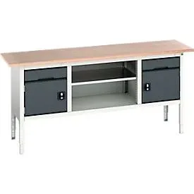 Kastenwerkbank Bott verso, Multiplex-Platte, 2 Schubladen, 2 Türen, 1 Ablageboden, B 2000 x T 600 x H 830 - 930 mm, Lichtgrau / Anthrazitgrau