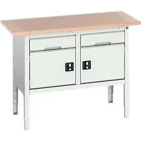 Kastenwerkbank Bott verso, Multiplex-Platte, 2 Schubladen und 2 Türen, B 1500 x T 600 x H 830 - 930 mm, RAL 7035 Lichtgrau