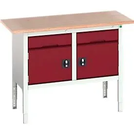 Kastenwerkbank Bott verso, Multiplex-Platte, 2 Schubladen und 2 Türen, B 1500 x T 600 x H 830 - 930 mm, RAL 7035 Lichtgrau / Purpurrot