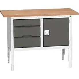 Kastenwerkbank Bott verso, Multiplex-Platte, 3 Schubladen & 1 Tür, B 1250 x T 600 x H 830 - 930 mm, RAL 7035 Lichtgrau / Anthrazitgrau